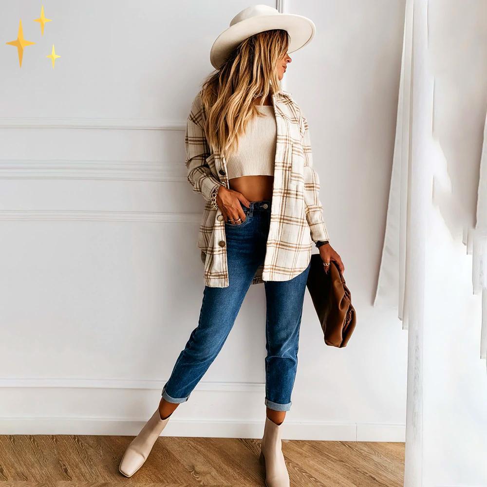 Damer Överdimensionerad Kofta Rutigt Mönster Mjuk Material-2