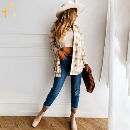 Damer Överdimensionerad Kofta Rutigt Mönster Mjuk Material-2