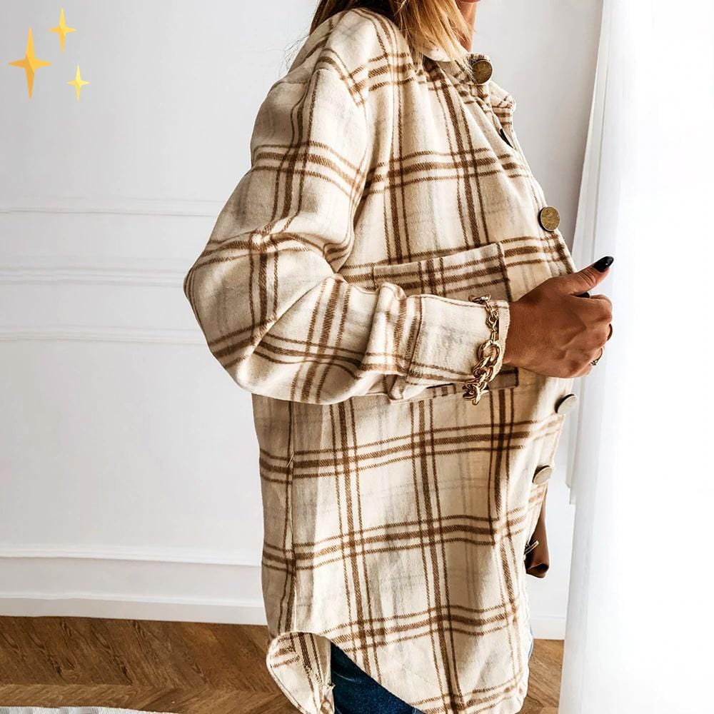 Damer Överdimensionerad Kofta Rutigt Mönster Mjuk Material-3