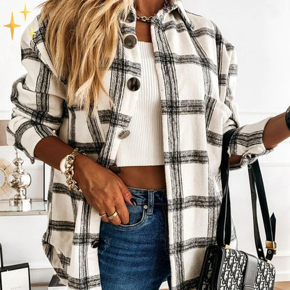 Damer Överdimensionerad Kofta Rutigt Mönster Mjuk Material-6