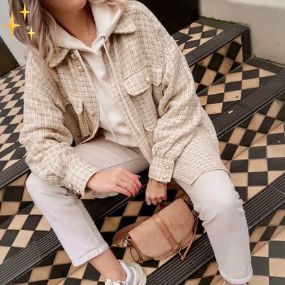 Dam Skjortajacka Vintage Stil med Pärlknappar Högkvalitativt Tyg-2