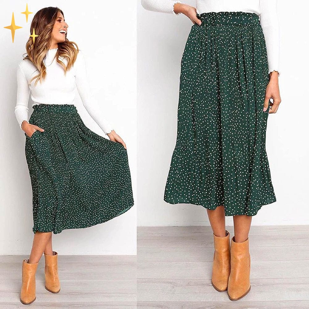Dam Midi Kjol Prickmönster Elastiskt Midjeband Högkvalitativt Tyg 1