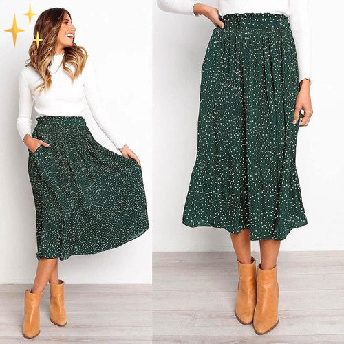 Dam Midi Kjol Prickmönster Elastiskt Midjeband Högkvalitativt Tyg 1