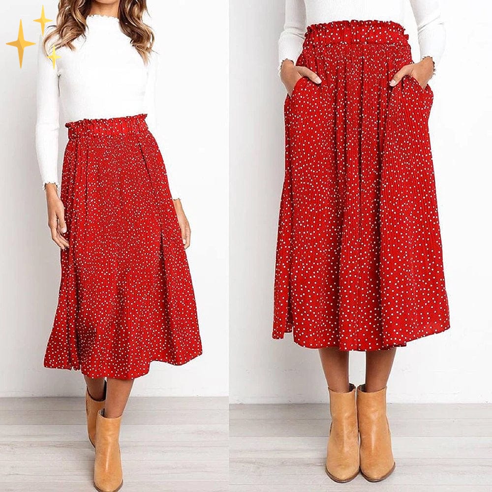 Dam Midi Kjol Prickmönster Elastiskt Midjeband Högkvalitativt Tyg 3