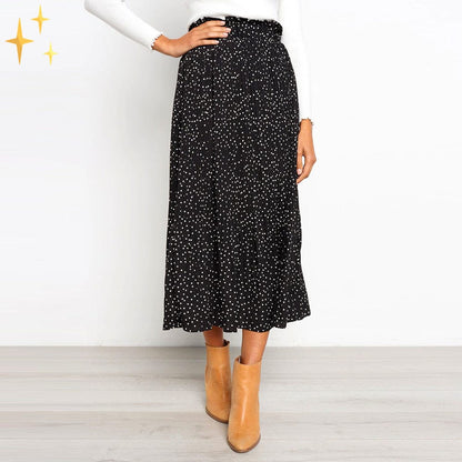 Dam Midi Kjol Prickmönster Elastiskt Midjeband Högkvalitativt Tyg 4