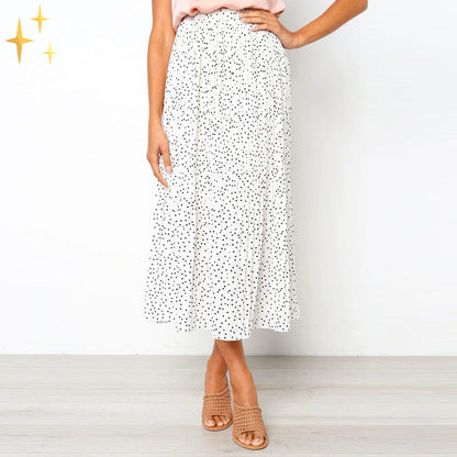 Dam Midi Kjol Prickmönster Elastiskt Midjeband Högkvalitativt Tyg 6