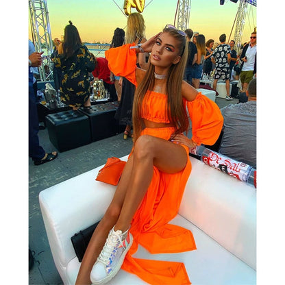 Damkläder Off-Shoulder Crop Top och Lång Kjol Set Polyester för Sommar 2