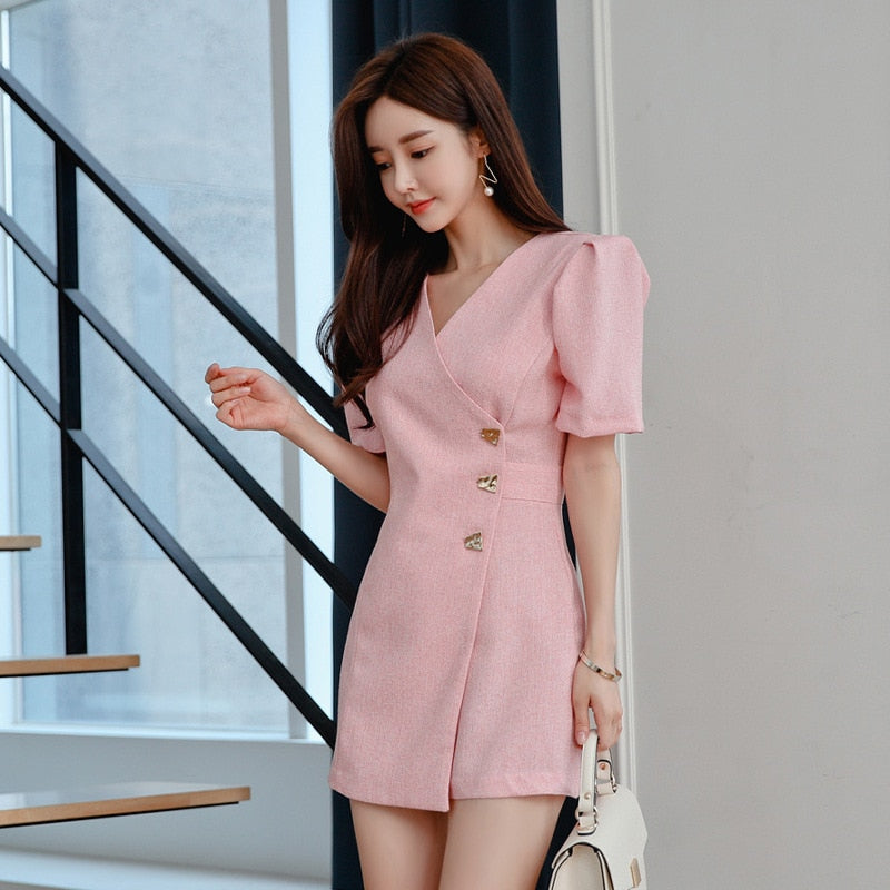 Dam Klänning V-ringning Puffärmar Bomull Fina Damklänningar-3