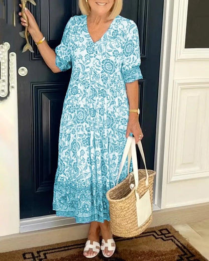 Dam Maxiklänning Boho Blommönster Lätt Tyg Sommar-3