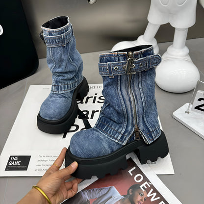 Kvinnors Mittkalvstövlar Cowboystil Syntetiskt Läder Plattform-5