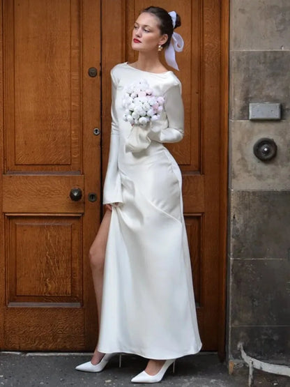 Kvinnors Ankel-lång Klänning O-hals Satin Hög Midja-2