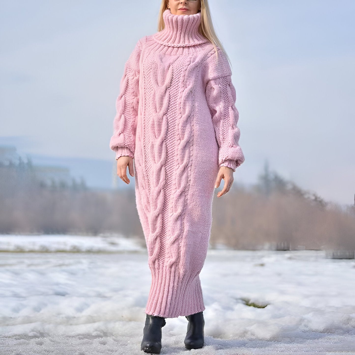 Dam Klänning Överdimensionerad Stickad med Ståkrage-6