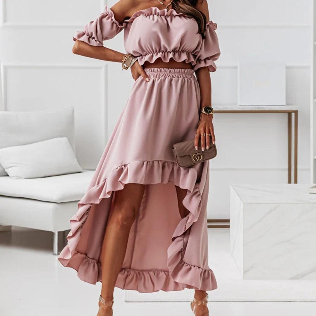 Kvinnors Off-Shoulder Set Lång Kjol Mjuk Tyg-1