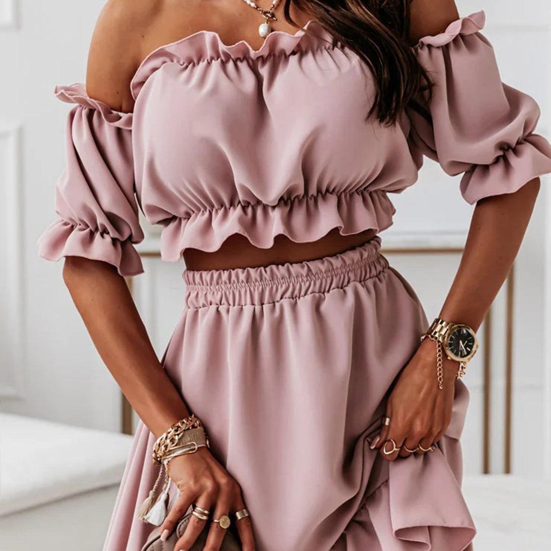 Kvinnors Off-Shoulder Set Lång Kjol Mjuk Tyg-2