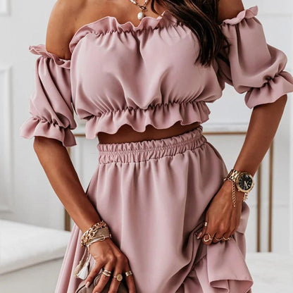 Kvinnors Off-Shoulder Set Lång Kjol Mjuk Tyg-2