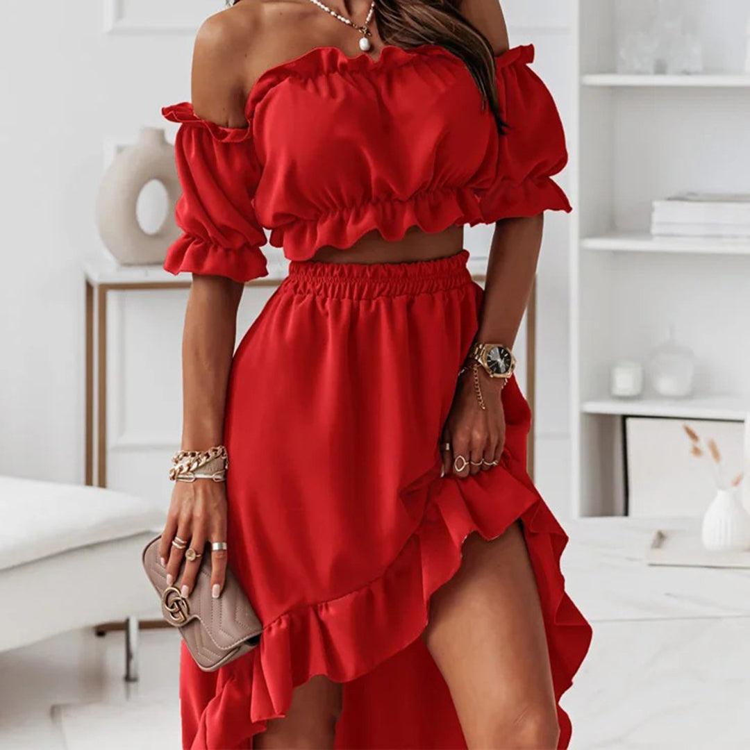 Kvinnors Off-Shoulder Set Lång Kjol Mjuk Tyg-4
