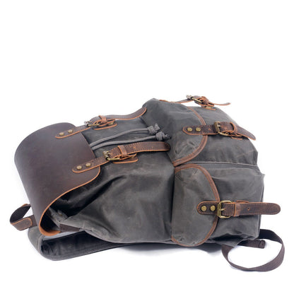 Unisex Ryggsäck Vintage Vaxat Canvas och Läder-5