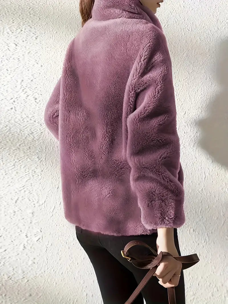 Dam Lång Teddyjacka Med Blixtlås och Justerbar Nederkant i Teddytyg-4