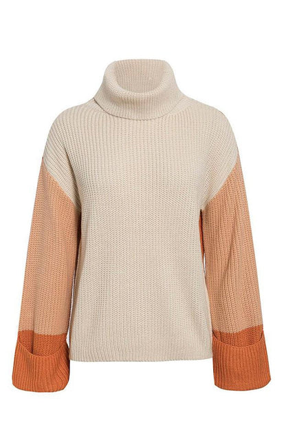 Stickad Dam Tröja Patchwork Akryl Turtleneck-4