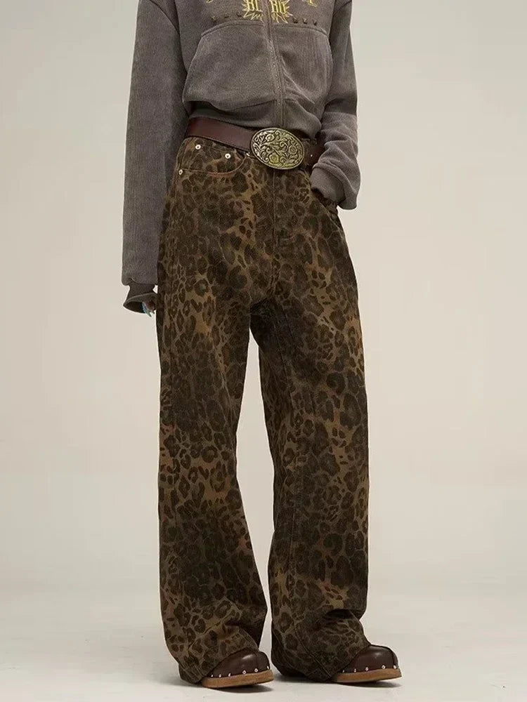Dam Jeans Leopardmönster Låg Midja Raka Ben Bomull 1
