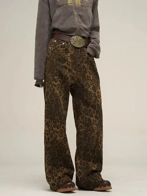 Dam Jeans Leopardmönster Låg Midja Raka Ben Bomull 1