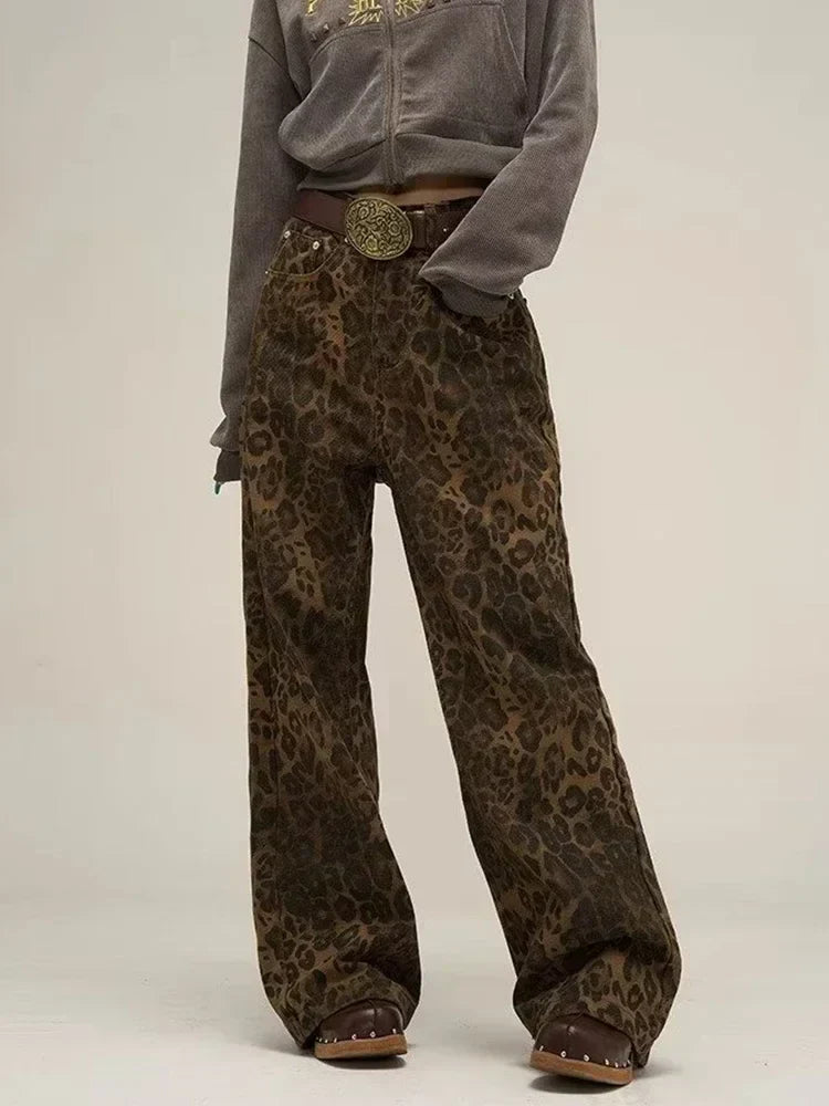 Dam Jeans Leopardmönster Låg Midja Raka Ben Bomull 2