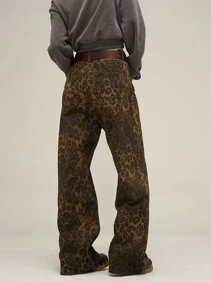Dam Jeans Leopardmönster Låg Midja Raka Ben Bomull 4