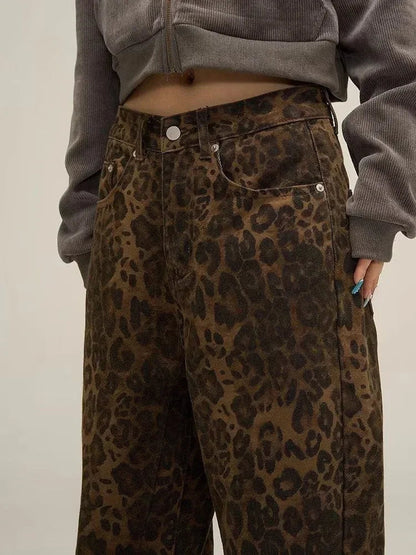 Dam Jeans Leopardmönster Låg Midja Raka Ben Bomull 5