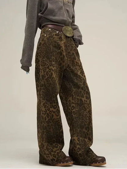Dam Jeans Leopardmönster Låg Midja Raka Ben Bomull 3