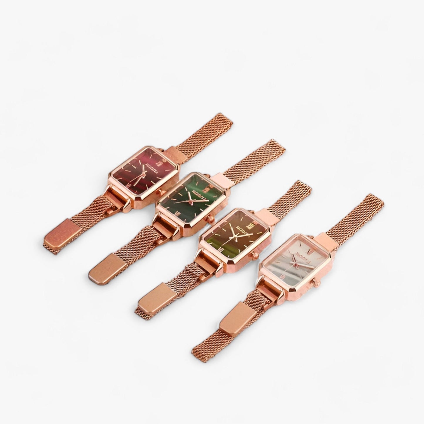 Damklocka med Kvadratisk Grön Urtavla och Magnetarmband i Rostfritt Stål – Elegant Klocka för Dam 2