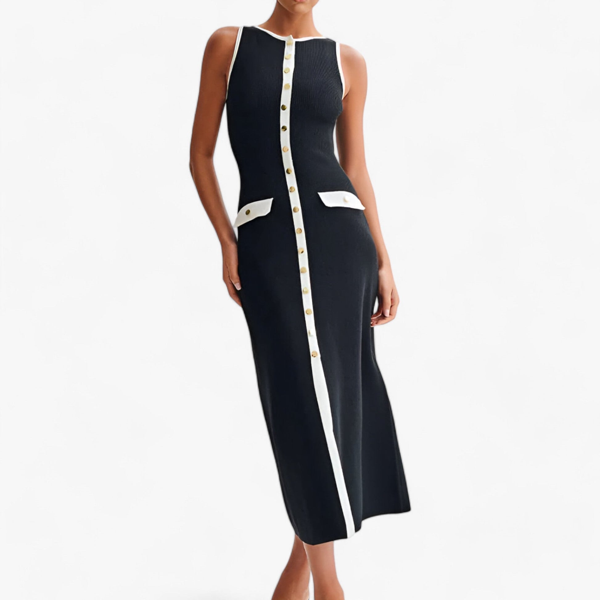 Maxiklänning Dam Ärmlös Rund Halsringning Med Gyllene Knappar 6