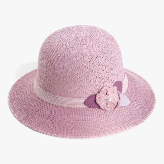 Dam Solhatt Bred Rand med Pärlblommor i Naturlig Fiber-1