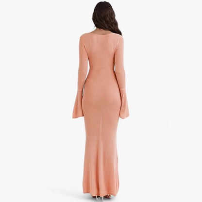 Maxiklänning Dam Bodycon med U-Ringning och Långa Ärmar - Orange Polyester för Festliga Tillfällen 3