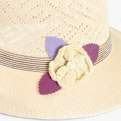 Dam Solhatt Bred Rand med Pärlblommor i Naturlig Fiber-3