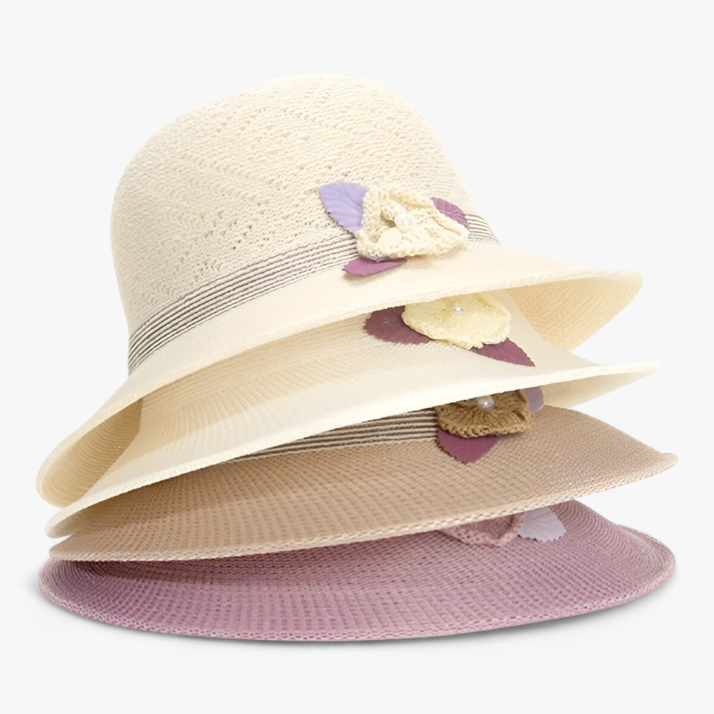 Dam Solhatt Bred Rand med Pärlblommor i Naturlig Fiber-2