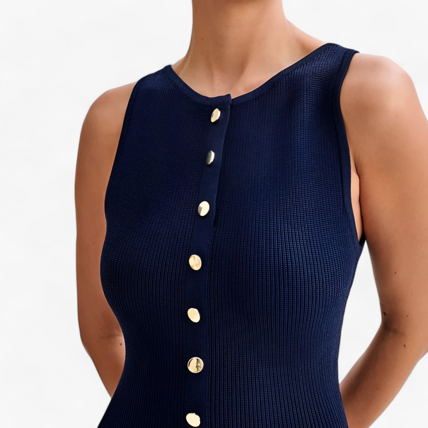 Maxiklänning Dam Ärmlös Rund Halsringning Med Gyllene Knappar 4