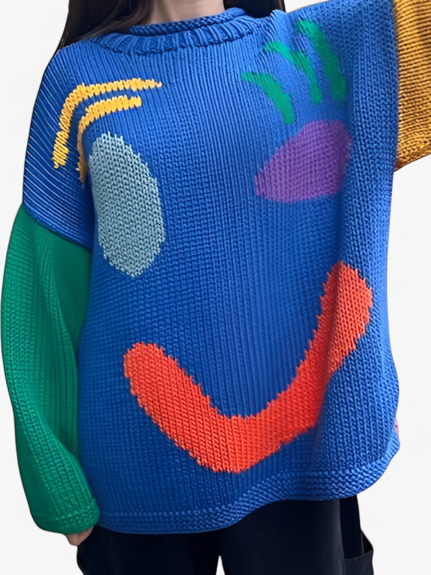 Herr Tröja Löst Snitt i Polyester med Broderat Smiley-ansikte – Mjuk och Bekväm Casual Tröja 2