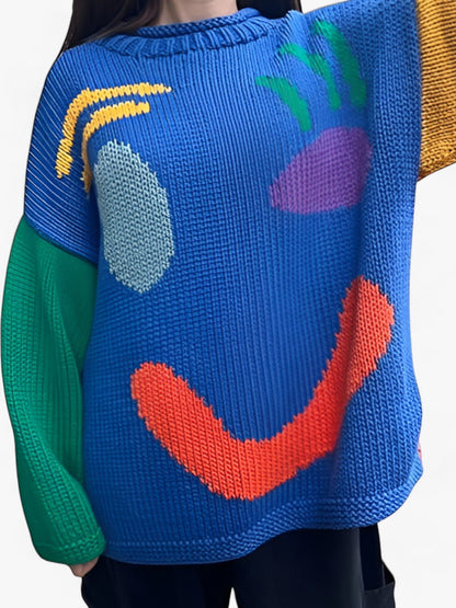 Herr Tröja Löst Snitt i Polyester med Broderat Smiley-ansikte – Mjuk och Bekväm Casual Tröja 2