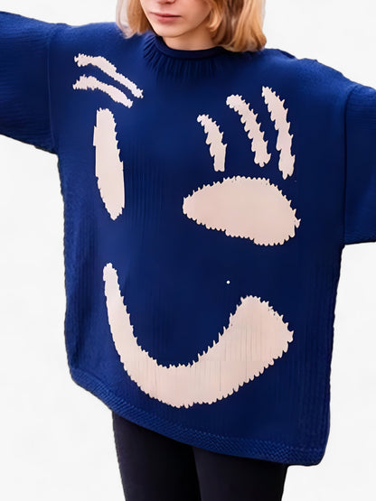 Herr Tröja Löst Snitt i Polyester med Broderat Smiley-ansikte – Mjuk och Bekväm Casual Tröja 3