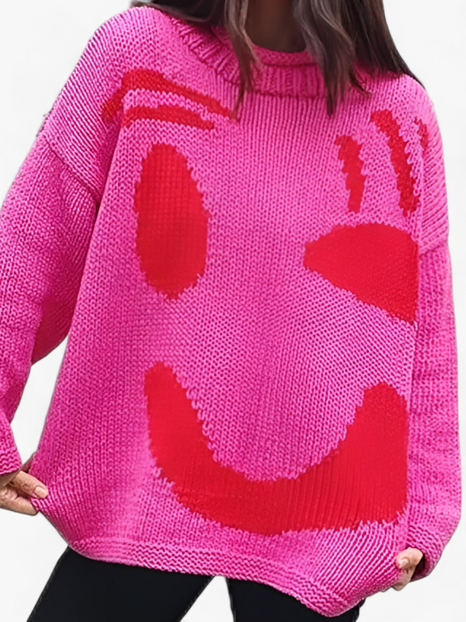 Herr Tröja Löst Snitt i Polyester med Broderat Smiley-ansikte – Mjuk och Bekväm Casual Tröja 6