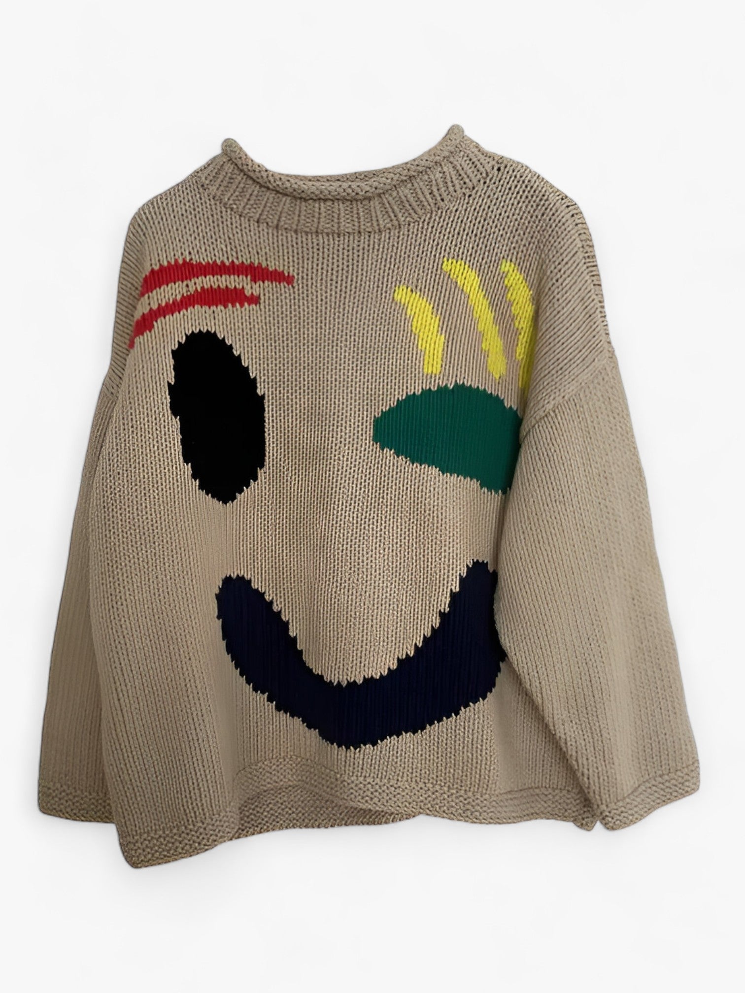 Herr Tröja Löst Snitt i Polyester med Broderat Smiley-ansikte – Mjuk och Bekväm Casual Tröja 4