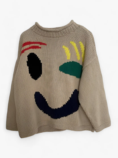 Herr Tröja Löst Snitt i Polyester med Broderat Smiley-ansikte – Mjuk och Bekväm Casual Tröja 4