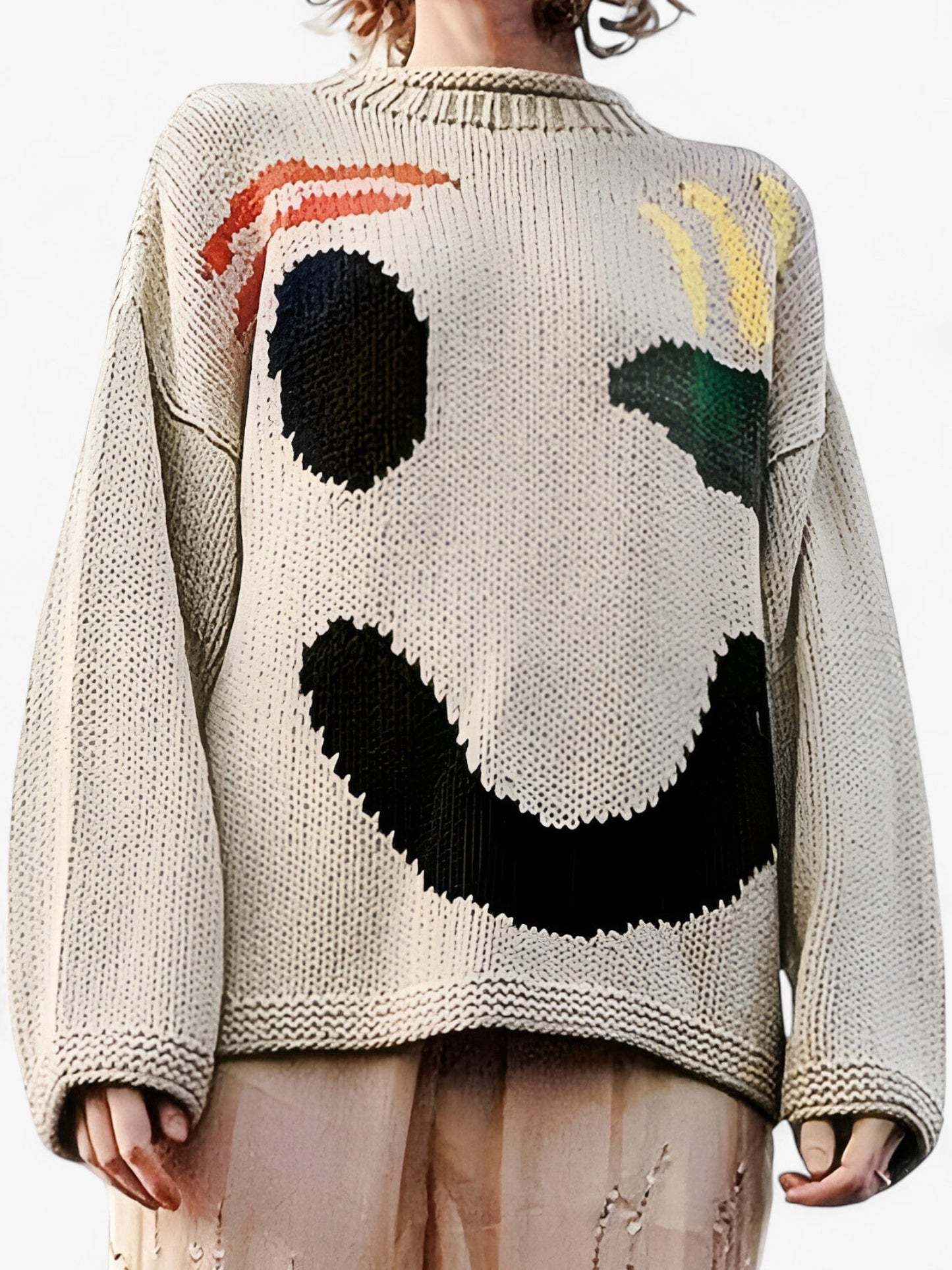 Herr Tröja Löst Snitt i Polyester med Broderat Smiley-ansikte – Mjuk och Bekväm Casual Tröja 12