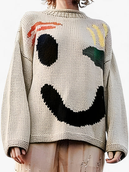 Herr Tröja Löst Snitt i Polyester med Broderat Smiley-ansikte – Mjuk och Bekväm Casual Tröja 12