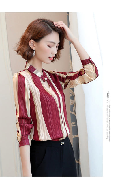 Dam Blus V-ringad Randig Chiffon-5
