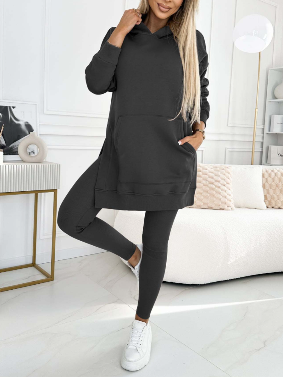 Mjukisset Dam – Tvådelat Set med Hoodtröja och Leggings i Mjuk Polyester och Elastan, Svart 11
