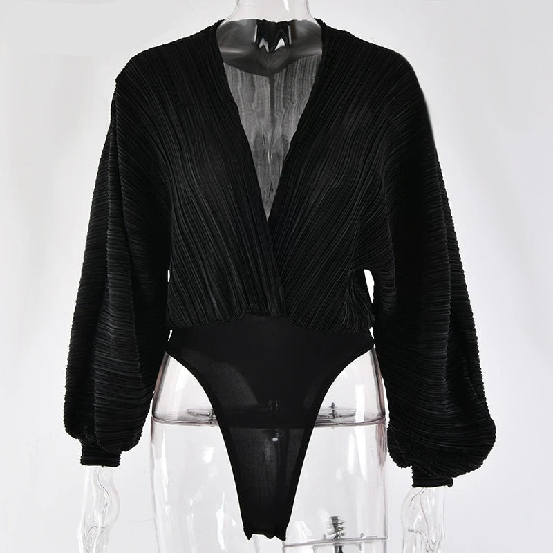 Dam Bodysuit V-hals Långärmad Spandex-1
