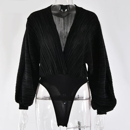 Dam Bodysuit V-hals Långärmad Spandex-1