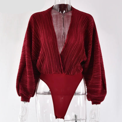 Dam Bodysuit V-hals Långärmad Spandex-4
