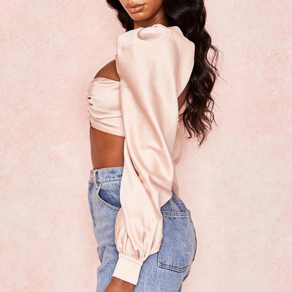 Dam Festtoppar med Puffärmar i Silke V-formad Halsringning 3